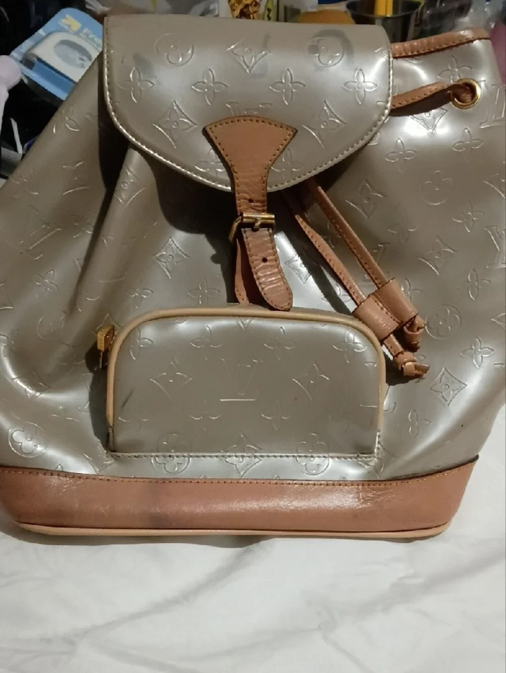 Louis Vuitton Metallic Taupe Drawstring Monogram Backpack with Tan Trim